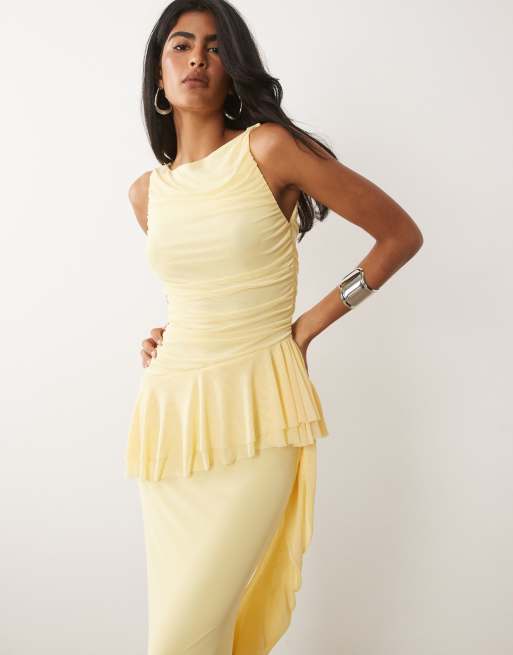 ASOS DESIGN - Citrongul ærmeløs maxikjole med rynker og flæsedetaljer i mesh, 2 af 4