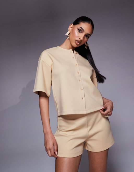 ASOS DESIGN - Citrongul skjorte med halve ærmer i firkantet pasform - Del af sæt