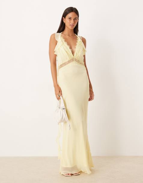 ASOS DESIGN - Citrongul slip-midikjole med blondeindsatser i chiffon - view 1