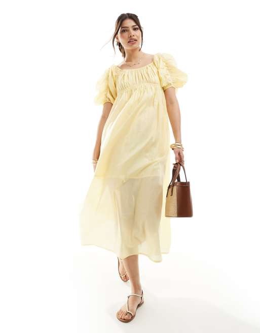 ASOS DESIGN - Citrongul smock-midikjole i voile-stof med rynkede pufærmer