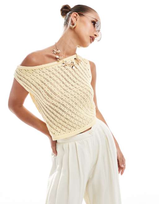 ASOS DESIGN – Citrongul, stickad, enaxlad topp