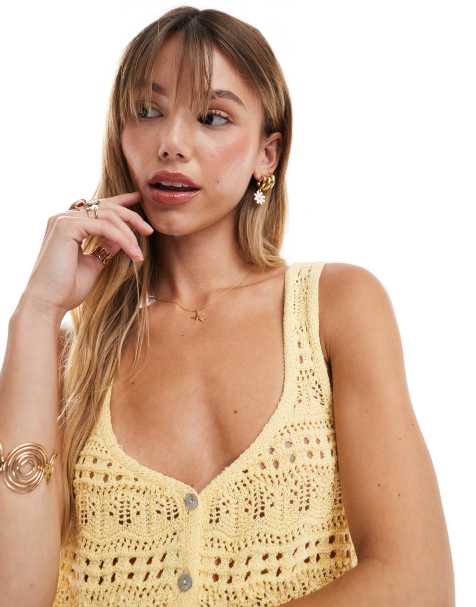 ASOS DESIGN - Citrongul strikket cropped camioverdel med pointellesøm og tekstureret garn - view 1