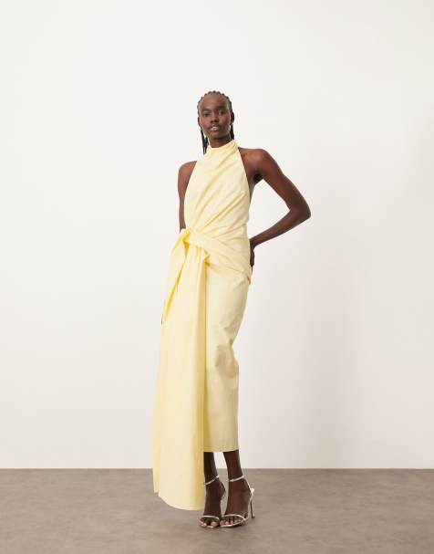 ASOS DESIGN – Citrongul, strukturerad maxiklänning i mesh med halterneck och draperad detalj - view 1