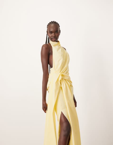 ASOS DESIGN – Citrongul, strukturerad maxiklänning i mesh med halterneck och draperad detalj - view 1