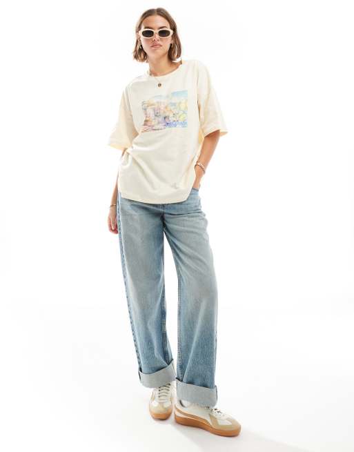 ASOS DESIGN – Citrongul t-shirt i oversize med Sorrento-tryck i akvarellstil