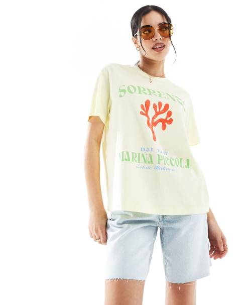 ASOS DESIGN - Citrongul T-shirt i regular fit i hørlook med koralgrafik - view 1