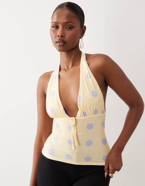 ASOS DESIGN - Citrongul tætsiddende top med halterneck og blå polkaprikker - Del af sæt - view 1