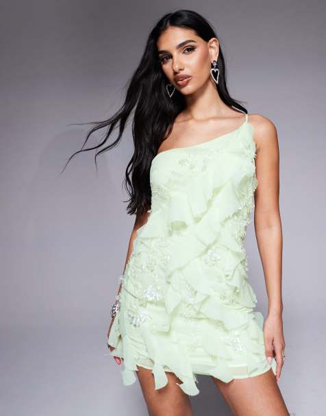 ASOS DESIGN – Citrongul, utsmyckad miniklänning med volang - view 1