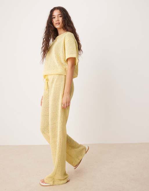 ASOS DESIGN – Citrongula, texturerade byxor i jersey med vida ben, del av set, 2 av 5