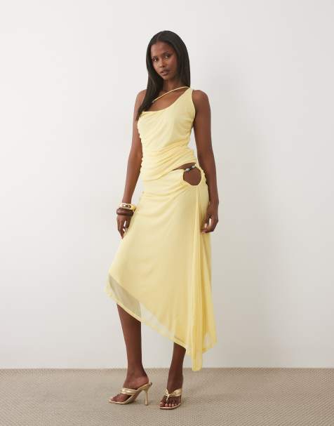 ASOS DESIGN – Citronmönstrat set i mesh med asymmetrisk midikjol med pärldetaljer - view 1