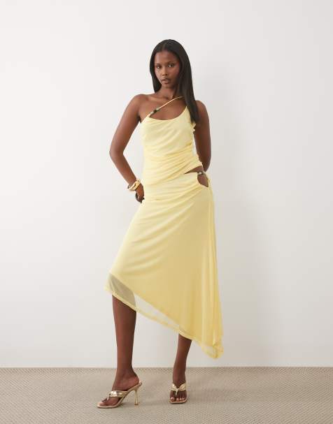 ASOS DESIGN – Citronmönstrat set i mesh med asymmetrisk midikjol med pärldetaljer - view 1