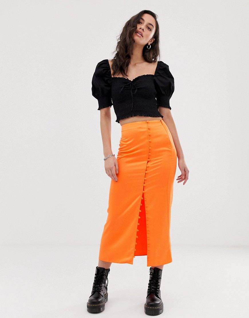 ASOS DESIGN city maxi satin slip skirt with rouleau loop buttons-Orange