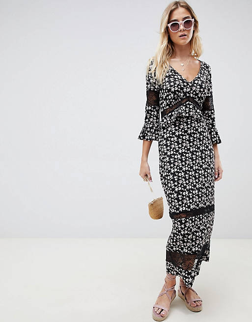 ASOS DESIGN city maxi tea dress with lace inserts in ditsy print