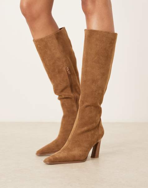 ASOS DESIGN – Clara – Bruna, knähöga boots i mockaimitation med mejslad tå - view 1