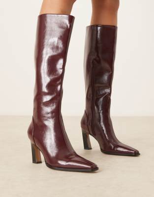 ASOS DESIGN Clara chisel toe knee boots in burgundy-Red