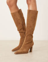 ASOS DESIGN Charly heeled knee boots in chocolate suedette