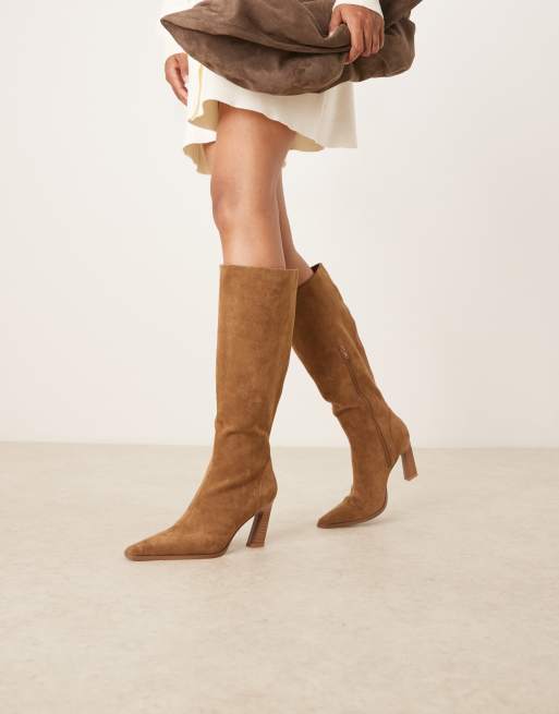 ASOS DESIGN Clara chisel toe knee boots in sand suedette