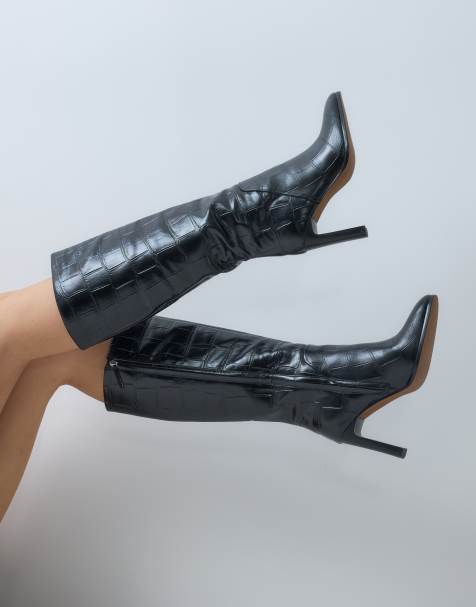 ASOS DESIGN Claribel boots med klack och drag på i svart krokodilmönster till knäna - view 1