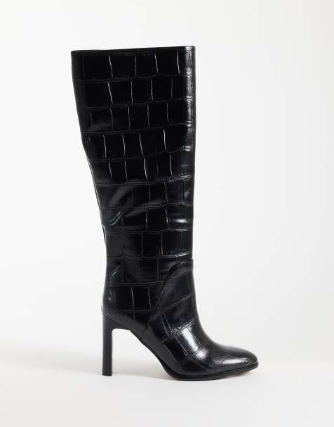 ASOS DESIGN Claribel botas altas de tacón tipo pull-on en negro efecto cocodrilo - view 1
