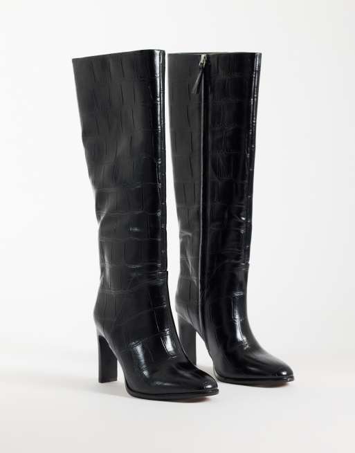 ASOS DESIGN Claribel heeled pull on knee boots in black croc, 2 of 4