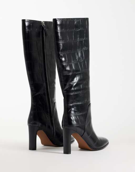 ASOS DESIGN Claribel heeled pull on knee boots in black croc, 3 of 4