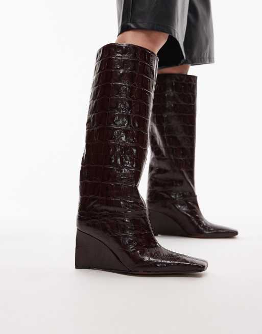 ASOS DESIGN - Clarissa - Bottes à enfiler en cuir de qualité supérieure à semelle compensée et bout biseauté - Bordeaux croco, 2 de 4