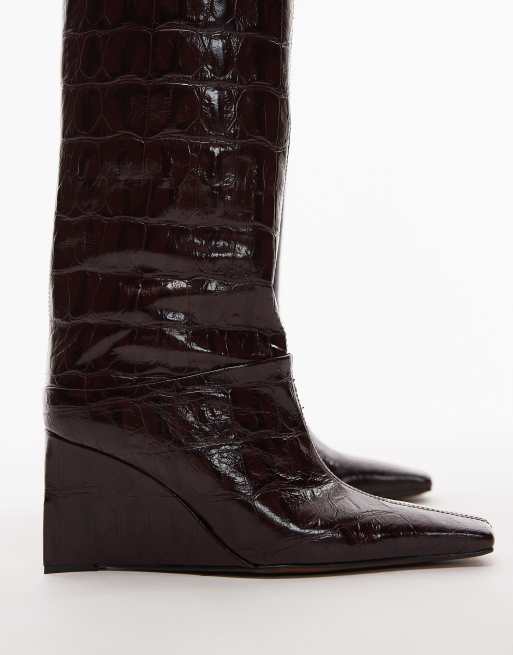 ASOS DESIGN - Clarissa - Bottes à enfiler en cuir de qualité supérieure à semelle compensée et bout biseauté - Bordeaux croco, 3 de 4