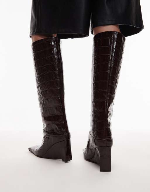ASOS DESIGN - Clarissa - Bottes à enfiler en cuir de qualité supérieure à semelle compensée et bout biseauté - Bordeaux croco, 4 de 4