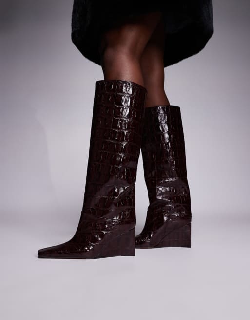 ASOS DESIGN Clarissa premium leather wedge pull on boots with chisel toe in burgundy croc emboss