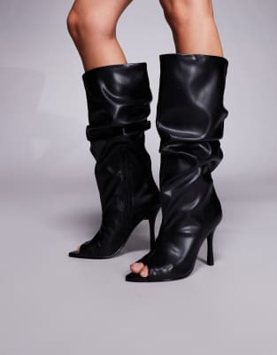 Asos Design Clarity Peep Toe Slouch Knee Boots In Black