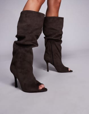  Clarity peep toe slouch knee boots in mole grey suedette