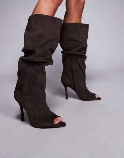 ASOS DESIGN Clarity peep toe slouch knee boots in mole grey suedette - view 1