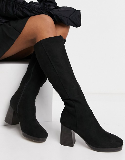 ASOS DESIGN Clarity platform block heeled knee boots in black