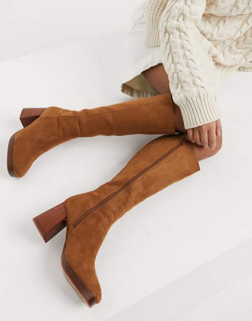 asos design christa flatform knee boots in black patent