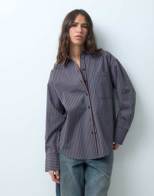 ASOS DESIGN classic cotton shirt in blue and brown stripe, 2 of 8