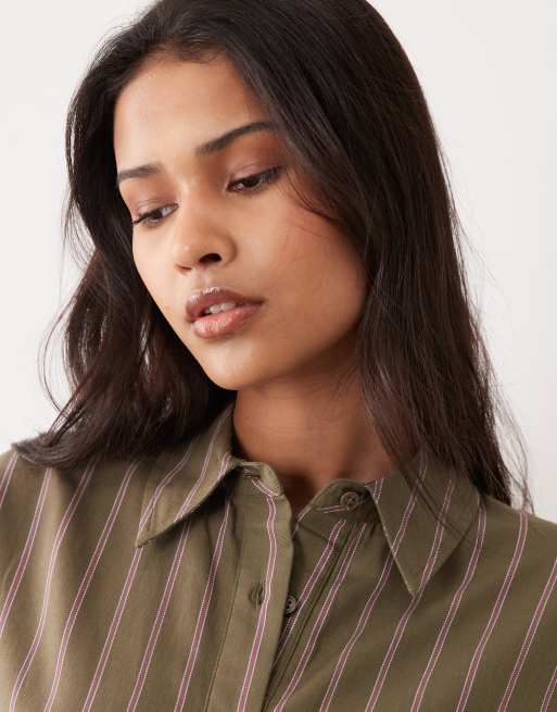 ASOS DESIGN classic cotton shirt in burgundy stripe, 3 of 4