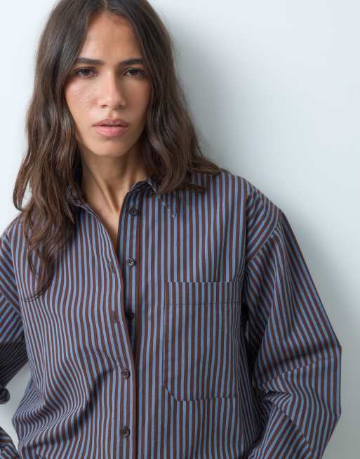 ASOS DESIGN classic cotton shirt&nbsp; in blue and brown stripe, 3 of 8
