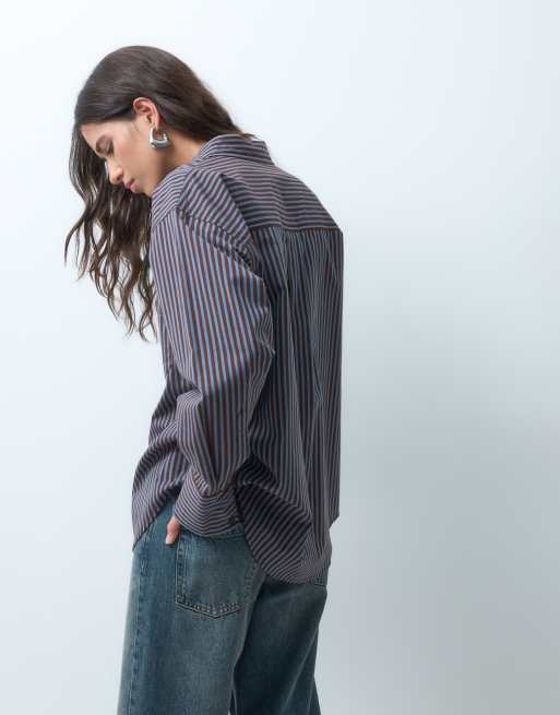 ASOS DESIGN classic cotton shirt&nbsp; in blue and brown stripe, 4 of 8