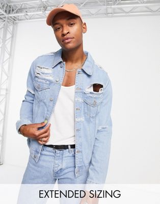 ASOS DESIGN classic denim jacket in light wash with rips