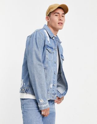 ASOS DESIGN classic denim jacket in mid wash blue with rips
