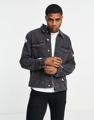 ASOS DESIGN classic denim jacket in washed black with rips