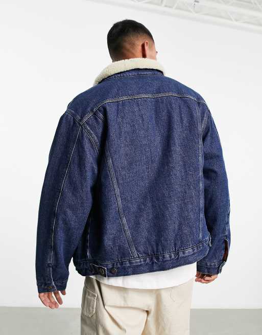 ASOS DESIGN classic denim jacket with borg fleece lining in dark wash