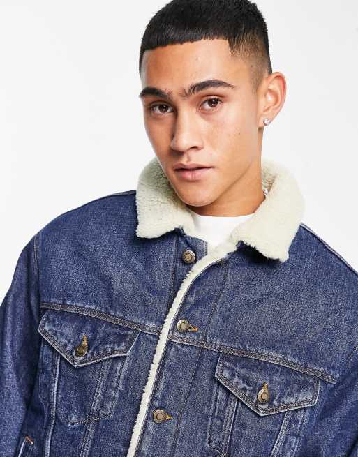 ASOS DESIGN classic denim jacket with borg fleece lining in dark wash