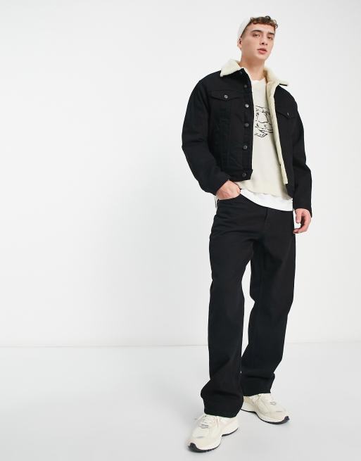 Asos design borg lined denim jacket in outlet black