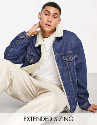 ASOS DESIGN faux fur lined oversized denim jacket in blue wash