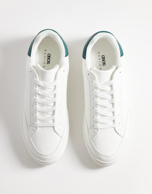 ASOS DESIGN classic lace up sneakers in white green with heel notch, 2 of 5