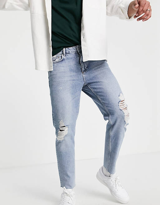  classic rigid jeans in bleach wash with rips 