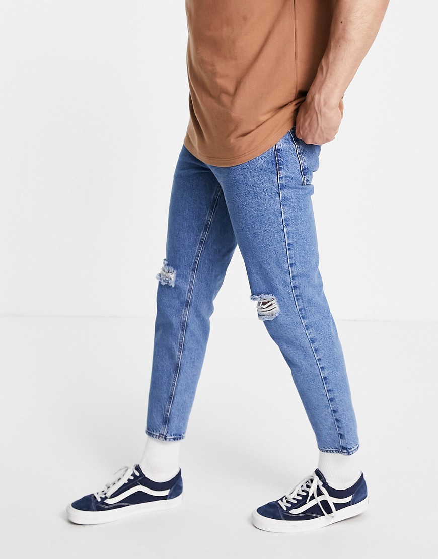 ASOS DESIGN classic rigid jeans in flat mid blue with knee rips-Blues