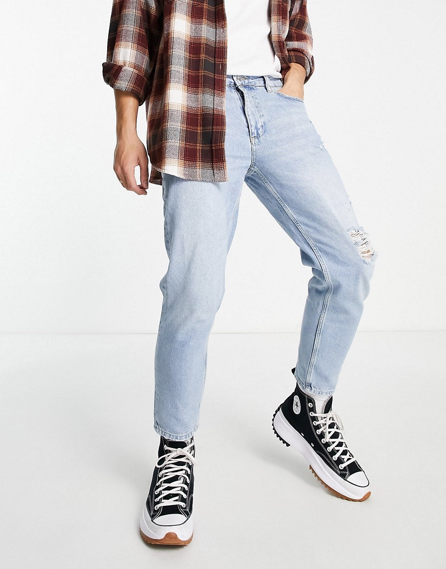 ASOS DESIGN classic rigid jeans in light wash with abrasions-Blues