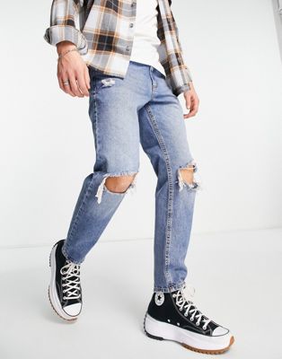 ASOS DESIGN classic rigid jeans in mid wash blue with rips, ASOS
